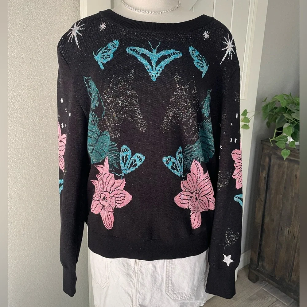 525 America Jungle Jacquard Crew Neck Sweater Moth Butterfly Star - Picture 2 of 6
